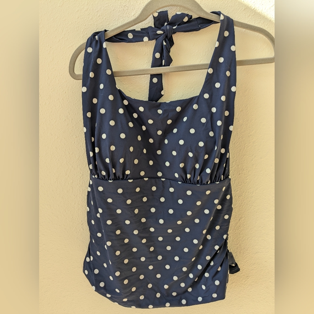 Lands End NEW Size 18W Swim Tankini Top Square Neck Halter UPF50 Blue Polka Dot